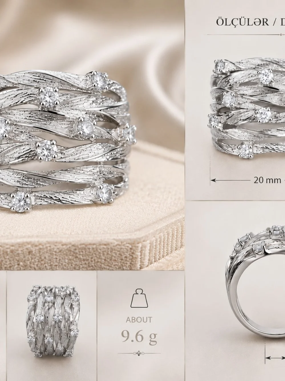 Silver Multi-Row Layered Ring with Clear Stones - Women Jewelry